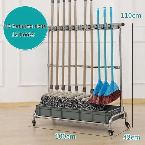 Stainless Steel Broom And Mop Holder With Movable Cart Organizer For Cleaning Tools, Slim Rack, Drip Tray Included