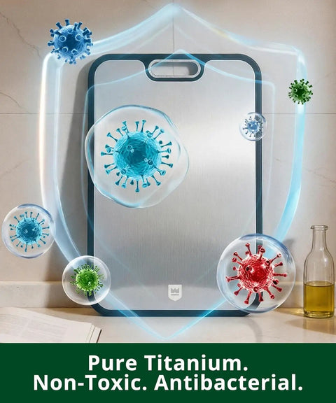 Massive Double Sided Cutting Board With Deep Juice Groove Hella Tough Titanium And Food Grade Plastic Prep Side For Steaks Cheese Produce Kitchen Chopping Tray with antibacterial protection and microbes.