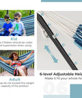 Two Person Outdoor Hammock with Adjustable Metal Stand for Patio, showing kids and adults lounging, with height adjustment feature