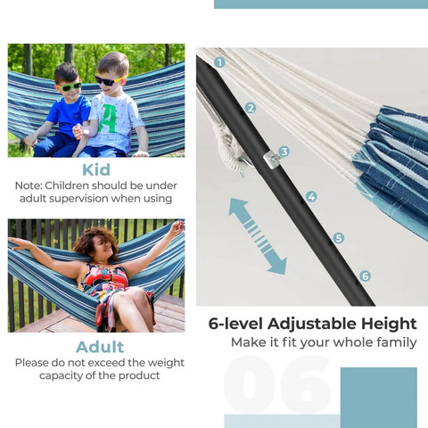 Two Person Outdoor Hammock with Adjustable Metal Stand for Patio, showing kids and adults lounging, with height adjustment feature