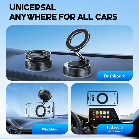 Vacuum Magnetic Car Phone Holder For MagSafe With 120 Plus Pounds Of Grip showing dashboard and windshield installation options.