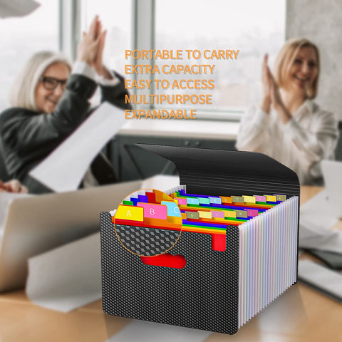 Slick Grab And Go Accordion File Organizer With Hella Spacious Pockets For Letter Size Paperwork Heavy Duty Expandable Document Holder view showing colorful tabbed sections and portable design.