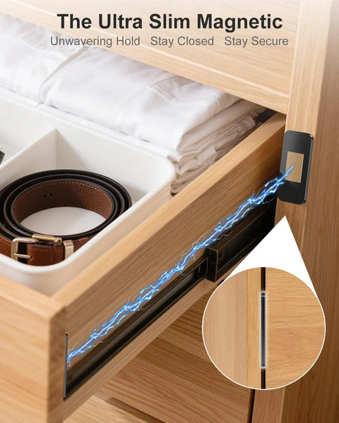 Close-up of drawer with 12 Pack No Drill Magnetic Cabinet Door Catch With Ultra Thin Invisible Mount keeping it closed securely.