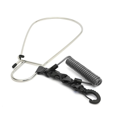 Offshore Kayak And Spearfishing Stainless Steel Fish Stringer Clip With 36 Inch Steel Core Lanyard For Speargun Freediving And Scuba Gear Large Holder Black on white background