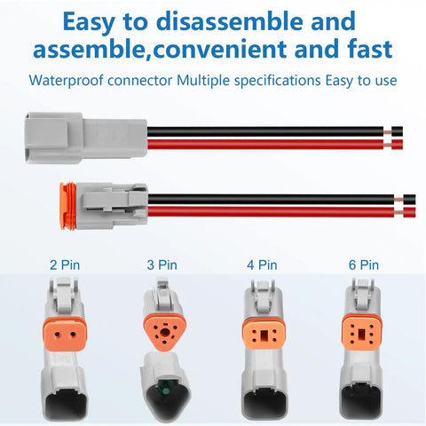 2 Pin Waterproof Connectors 14 AWG DT Series Automotive Plug Kit in multiple pin configurations, showing male and female ends.
