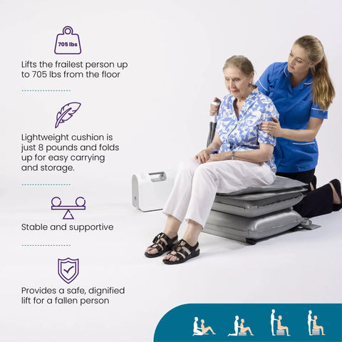 Portable Inflatable Cushion Lift For Seniors And Mobility Support Quick Inflate Air Seat Pad For Fall Recovery and Stand Up Assist, assisting elderly user.