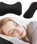 Woman resting with Squishy Microbead Neck Pillow 15x8 Inch Soft And Comfy, Ergonomic Head And Back Support, black color shown