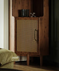Close-up of wooden cabinet with Antique Brass Knurled Cabinet Pulls 5 Inch Center To Center Solid Brass Dresser Drawer Handles installed.