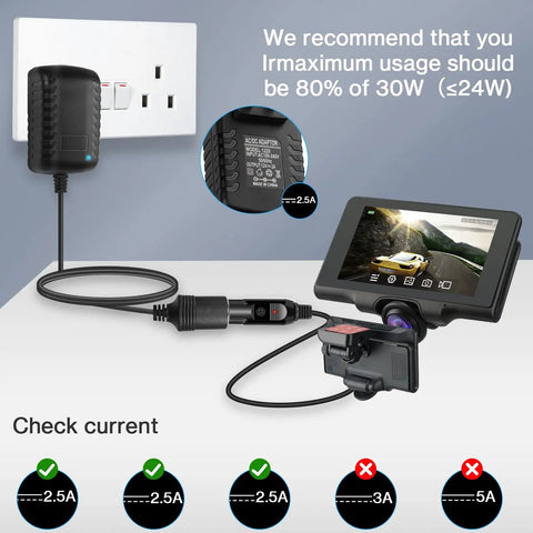 Smooth As Butter AC To DC Converter 12V 2A Cigarette Lighter Power Adapter for Home Use plugged into wall socket with dash cam.