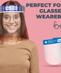 Person wearing clear face shield pack of 10 for all ages anti fog lightweight reusable safety visor with soft sponge and elastic band