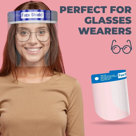 Person wearing clear face shield pack of 10 for all ages anti fog lightweight reusable safety visor with soft sponge and elastic band