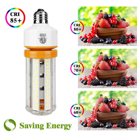 2 Pack 60W LED Corn Light Bulbs 7500 Lumen E26 Cool Daylight White, Replaces 600W Incandescent with CRI chart and energy saving icon