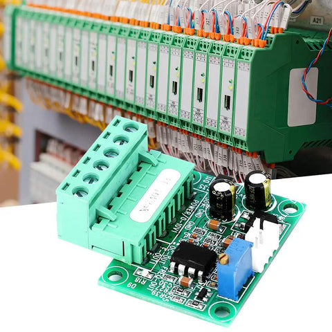 Voltage Frequency Converter Module 0-10V Output 0-25KHz Timing Control For PLCs Industrial Panels, green circuit with terminals.
