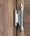 Close-up of Three Eighths Inch Inset Cabinet Hinges Self Closing Flush Face Mount With Door Bumper on wooden cabinet