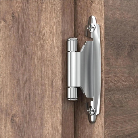 Close-up of Three Eighths Inch Inset Cabinet Hinges Self Closing Flush Face Mount With Door Bumper on wooden cabinet