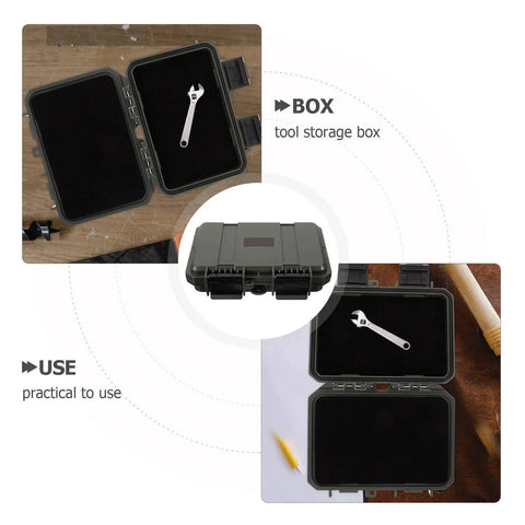 Dang Tough Portable Waterproof Plastic Toolbox With Rugged Latches For Nails Screws And Small Parts Doubles As Electrician Kit Case Mechanics Organizer And Pickup Truck Storage open with wrench inside on wooden surface.