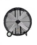 Heavy Duty Forty Eight Inch Industrial Floor Fan Brings Serious Cooling Power To Workshops Warehouses And Commercial Spaces With Zero Sweat Performance And Easy Speed Adjustments, front view with steel frame and wheels.
