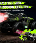 1:18 Scale RC Monster Truck for Kids 4 to 12 with LED lights and spray fog, showcasing graffiti design and large off-road tires at night