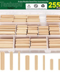 255 Piece Wood Dowel Set With One Quarter, Five Sixteenths, And Three Eighths Inch Fluted Dowels in storage case