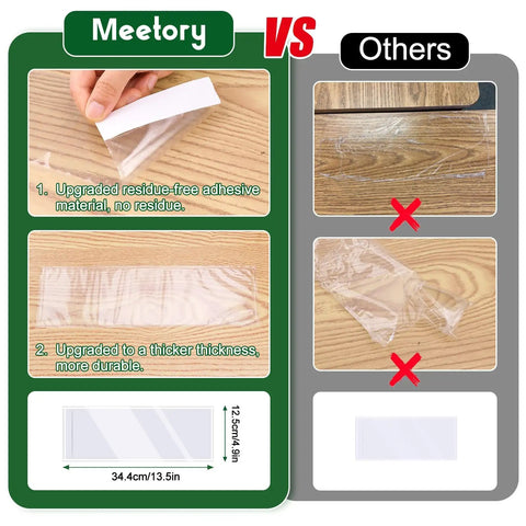 Comparison of upgraded 36 Pieces Clear Nameplate Pocket Self Adhesive Desk Name Tag Covers vs others, showing residue-free adhesive.