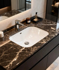 Brown Marble Peel And Stick Contact Paper For Countertops And Backsplash shown on bathroom vanity surface
