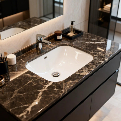 Brown Marble Peel And Stick Contact Paper For Countertops And Backsplash shown on bathroom vanity surface