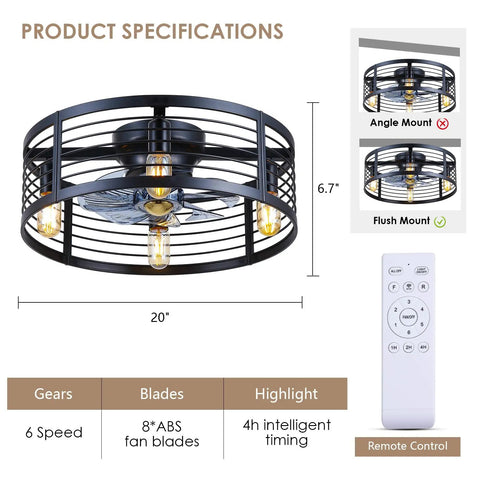 20 Inch Black Caged Ceiling Fan With Light Flush Mount Fandelier With Remote Low Profile Industrial Style for Bedroom, Kitchen, Dining Room