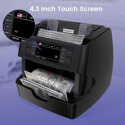 Ultra Fast Money Counter Machine With 1500 Bills Per Minute, Mixed Denominations, Advanced CIS UV IR MG MT Counterfeit Detection, Supports USD Euro CAD MXN, Printer Enabled Cash Counter For Businesses showing 4.3 inch touch screen