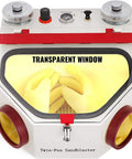 Double Pen Fine Sand Blasting Nozzle Set for Dental Lab Sandblaster with transparent window and gloves visible
