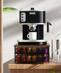 Two Tier K Cup Drawer Organizer For Coffee Pods With 72 Cup Capacity Space Saving Drawer Baskets Sturdy Stackable Coffee Capsule Storage Drawer In Industrial Brown And Black Finish with coffee machine on top