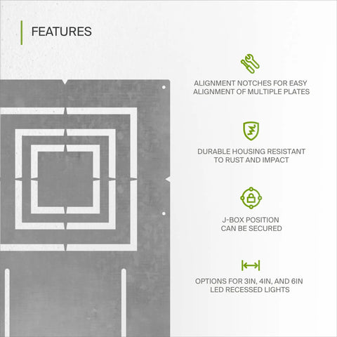 Features of New Construction Recessed LED Mounting Plate With Square Holes, Adjustable Housing, Extendable Hanger Bars, 12 Pack