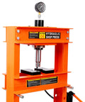Heavy Duty Hydraulic Shop Press, Badass 30 Ton H-Frame Rig showing pressure gauge and steel frame for garage work.