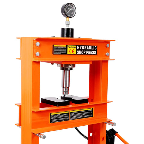 Heavy Duty Hydraulic Shop Press, Badass 30 Ton H-Frame Rig showing pressure gauge and steel frame for garage work.