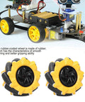 80mm mecanum wheels for DIY robots with yellow rubber coating, shown with RC car setup, designed for omnidirectional movement and stability.
