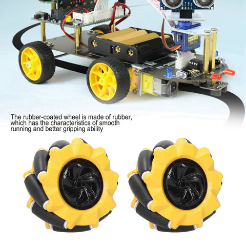 80mm mecanum wheels for DIY robots with yellow rubber coating, shown with RC car setup, designed for omnidirectional movement and stability.