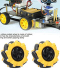 Omnidirectional Mecanum Wheel For DIY Robotics, 80mm Size, Four Wheel Drive Omnidirectional Wheel With Drift And 45 Degree Tilt, shown in yellow black finish with robot.