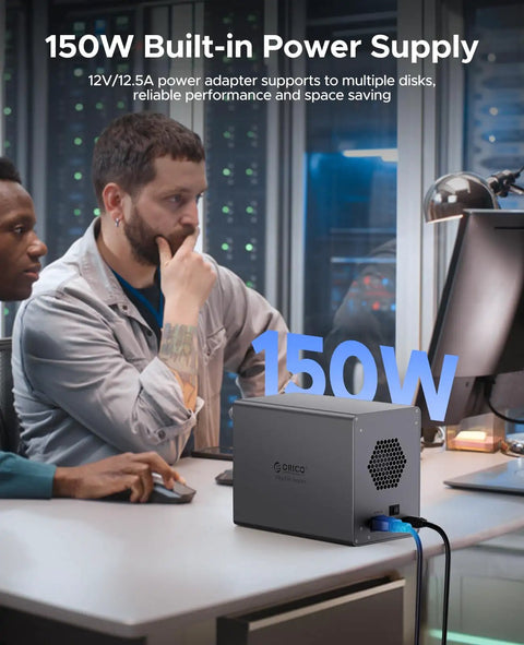Goated Five Bay External Hard Drive Enclosure Rocking Thunderbolt 3 And 4 Compatibility With Blazing 40Gbps USB C Hub Transfer Speeds with 150W power supply.