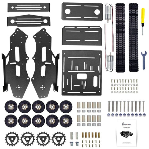 Kickass Smart Robot Tank Chassis Kit Built With Aluminum Alloy And 2WD Motors For Jetson Nano Raspberry Pi Arduino DIY STEM Projects And ROS Research Durable Low Noise Track Base For Serious Learning parts layout showing metal frames, screws, wheels, and tracks.
