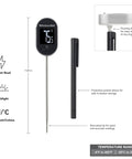 Digital Instant Read Kitchen Thermometer With Pivoting Backlit Display showing 7.25in length and temperature range details.