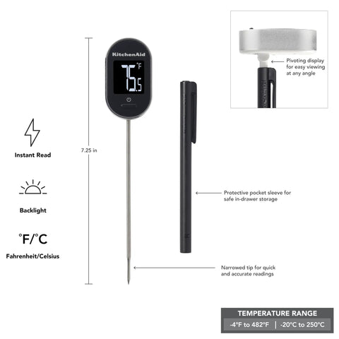 Digital Instant Read Kitchen Thermometer With Pivoting Backlit Display showing 7.25in length and temperature range details.