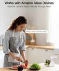Pan Tilt Outdoor Security Camera With 2.5K Clarity, Alexa Compatible, shows camera feed on Alexa device in a kitchen.