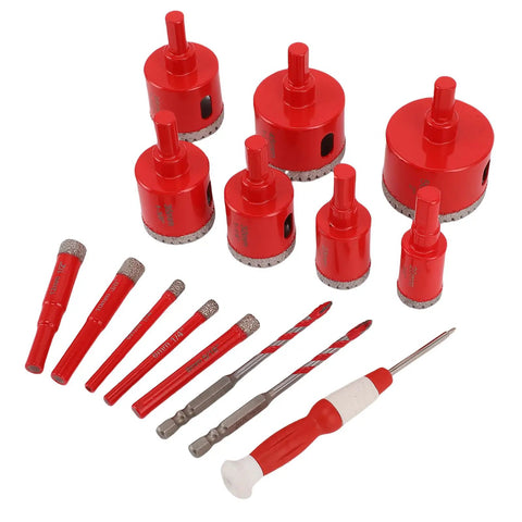 Premium 12 Piece Hole Saw Kit For Tile And Glass Core Drill Bits With Vacuum Brazed Edges Perfect For Marble Granite And Hard Surfaces Plus Extra Serrated Bits And EVA Locating Mold In Tough Case, 6-50mm bits laid out