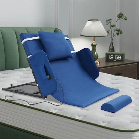 Heavy Duty Electric Bed Backrest With Wireless Remote Control For Elderly Seniors Adjustable Reclining Lift Smooth Operator Ride No Sweat Home Upgrade placed on a bed, showing blue fabric and adjustable design.