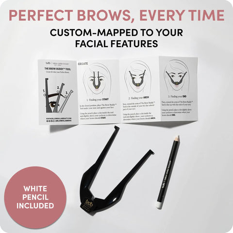 Brow Buddy Kit with patented symmetrical shaping tool, contouring stencil, and white pencil for brow mapping and shaping.