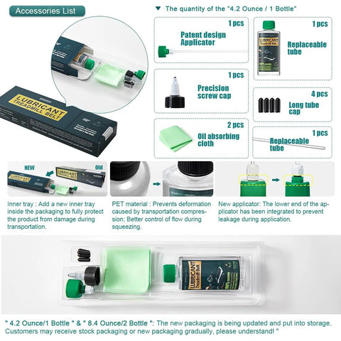 Front view of SEKODAY treadmill belt lubricant kit, 4.2 oz bottle with green cap; includes applicator, replaceable tube, screw cap and cloth