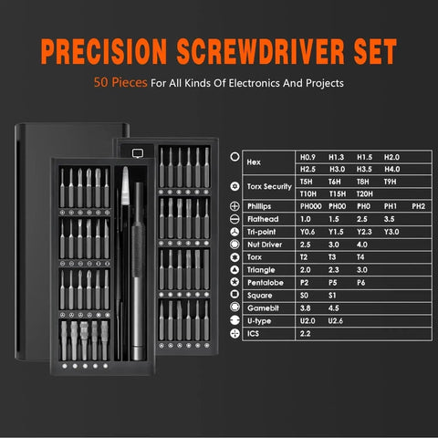 50 In One Precision Screwdriver Set With Magnetic Bits And Case For Electronics Repair, displayed with bit sizes