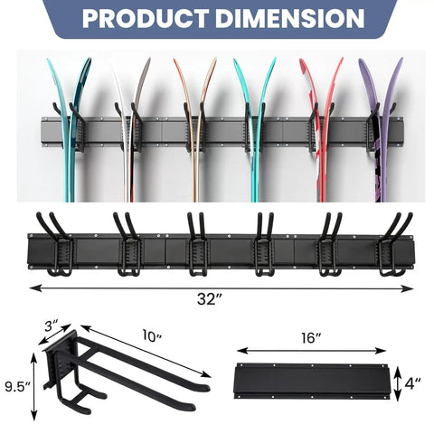 Heavy Duty Ski And Snowboard Wall Mount Rack Hangs And Stashes 6 Pairs Of Boards showing dimensions, hooks, and black steel frame.