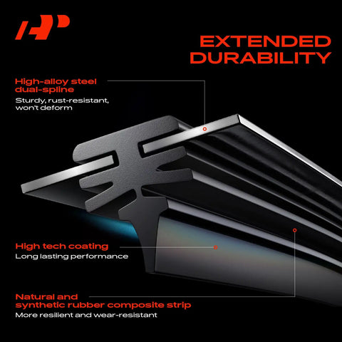 Heavy Duty 24 And 21 Inch Windshield Wiper Blades With Slick All Season Beam Design and Built In Wear Indicator close-up angle showing high-alloy steel and rubber materials.