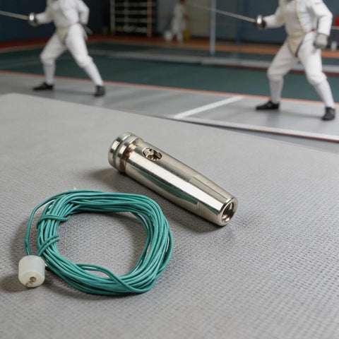 Epee Wire 1m With Point Tip For Easy Fencing Maintenance And Repair Pro Grade High Conductivity Metal Cable on a fencing mat