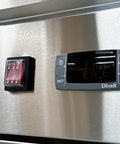 Control panel of the Commercial Three Door Reach In Freezer With Heavy Duty Stainless Steel Build ETL Certified Upright Setup, showing digital display.